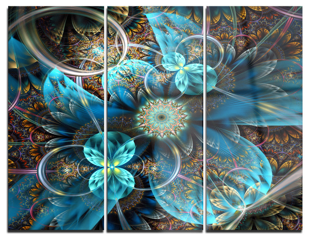 "Fractal Blue Flowers" Digital Metal Wall Art, 3 Panels, 36"x28"