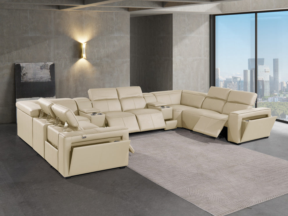Niccolo Italian Leather 10-Piece U-Shaped 4 Power Reclining Sectional, Beige
