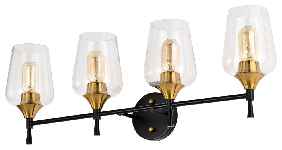 30 in. 4-Light Black and Antique Brass Vanity Light With Clear Glass Shades