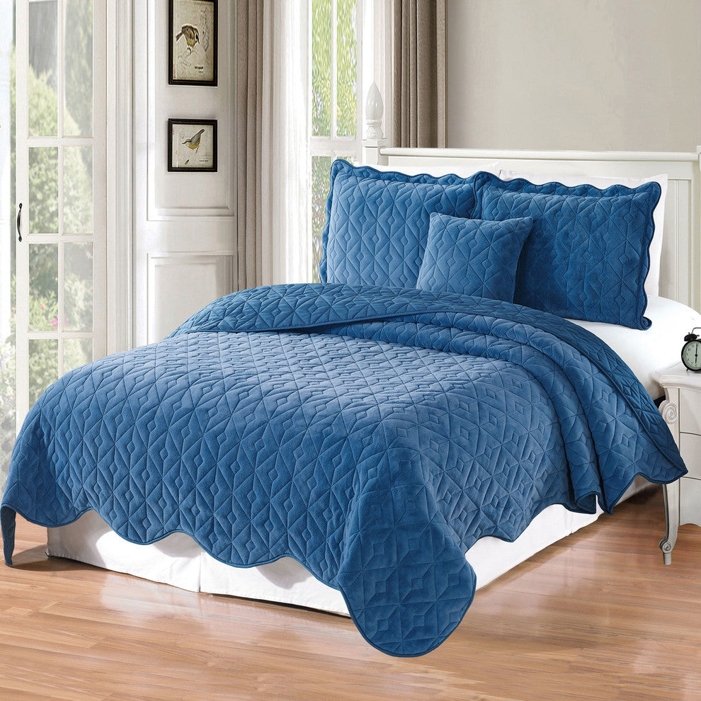 Diamond Square Quilted Coverlet 4-Piece Bedspread Set, Blue, Queen