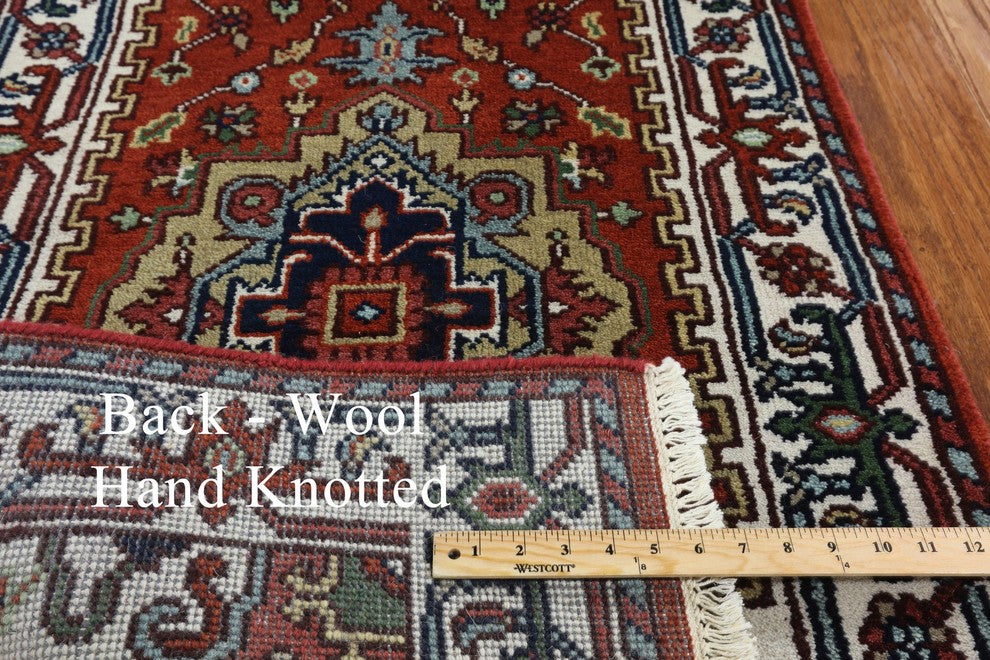 Oriental Heriz Serapi Red and Ivory Hand-Knotted Wool Rug, 3'x16'