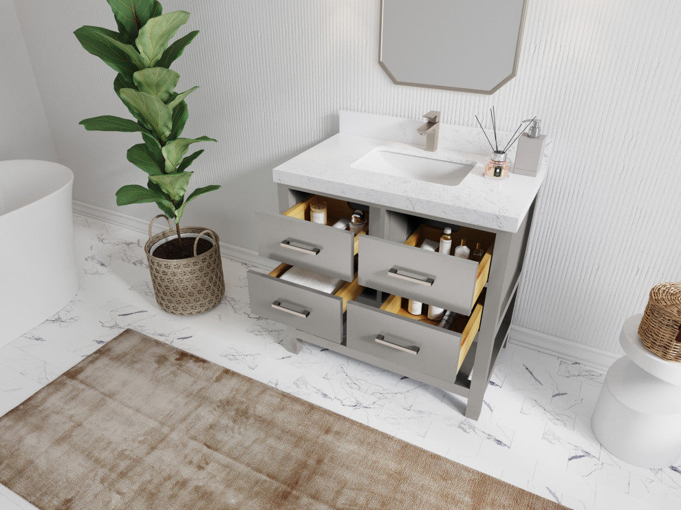 Parker 42" Single Sink Bath Vanity, Elephant Skin Gray 2" Calacatta Nuvo