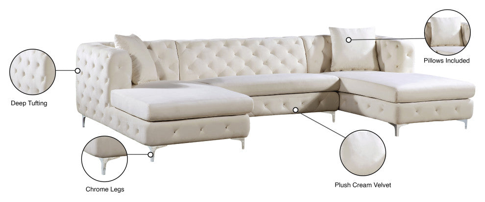 Gail Velvet 3-Piece Sectional, Cream