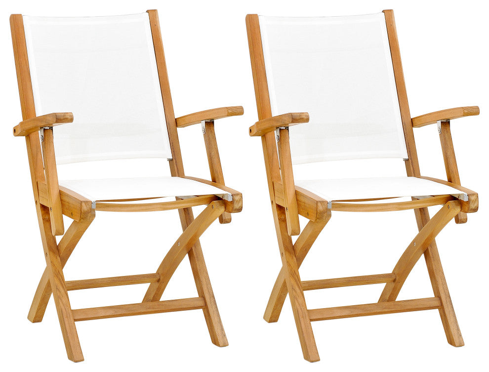 Teak Wood Miami Folding Arm Chair with Batyline Sling, Set of 2