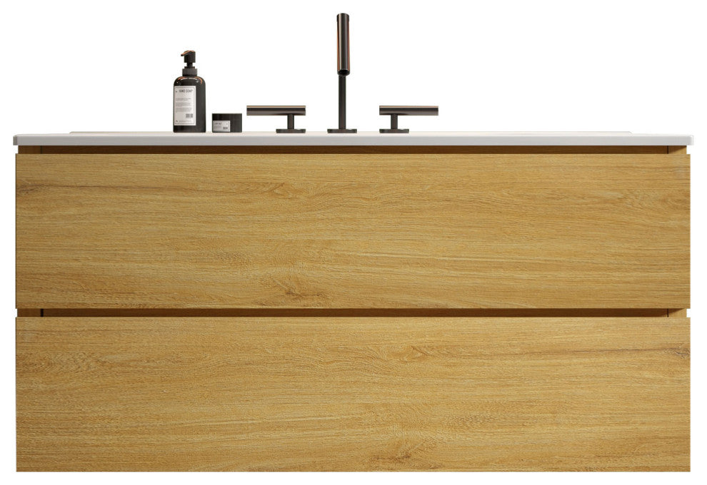 Wall-Mounted Bathroom Vanity Set with Ceramic Sink, Oak, 36"