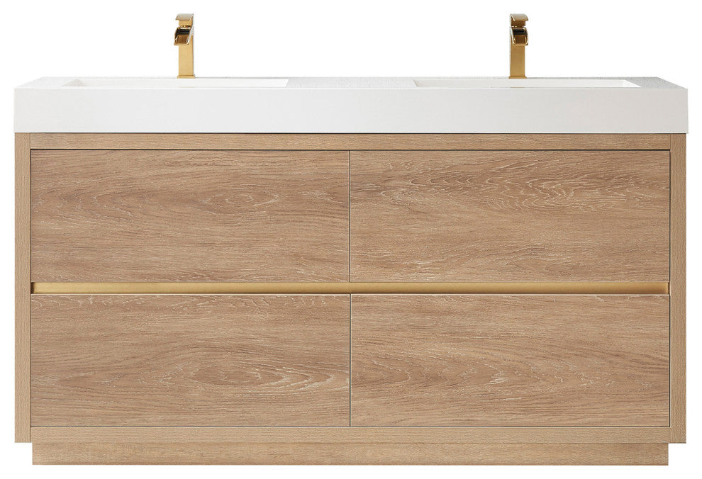 Huesca Bath Vanity, Integrated Sink Top, North American Oak, 60" Double Sink, Without Mirror