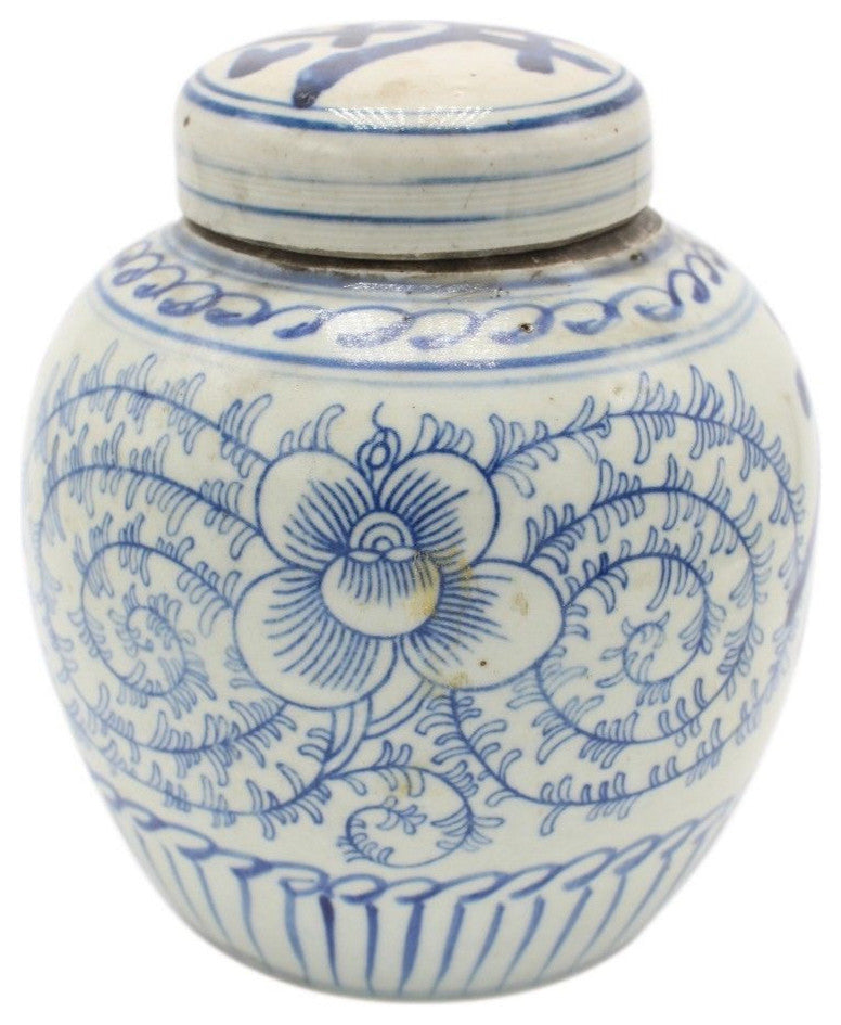 Blue and White Porcelain Tea Cha Word Ginger Jar Lotus Motif 6"