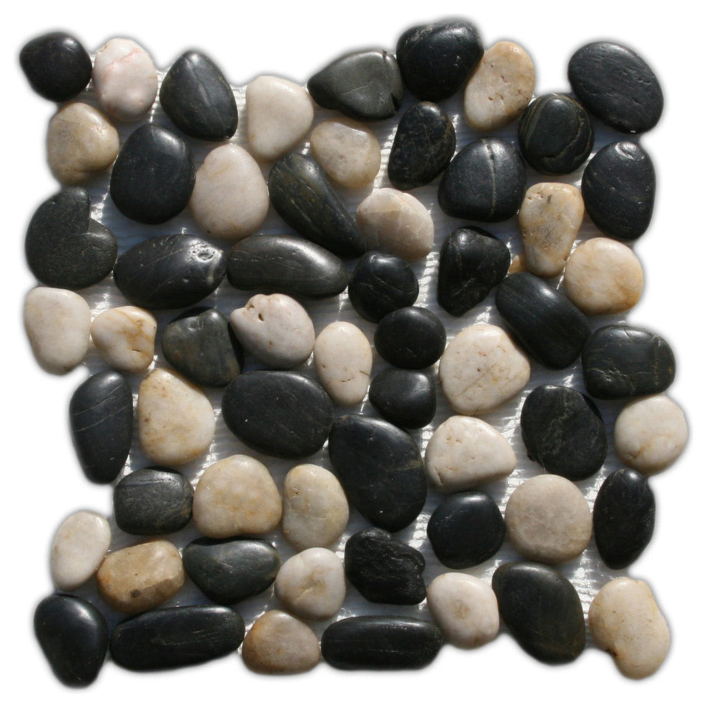 Polished Black & White Pebble Tile, 12x12, Natural Stone for Showers & More