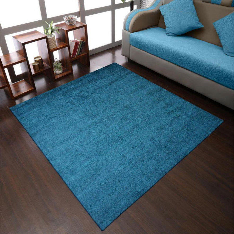 Hand Knotted Loom Silk Mix Area Rug Solid Blue