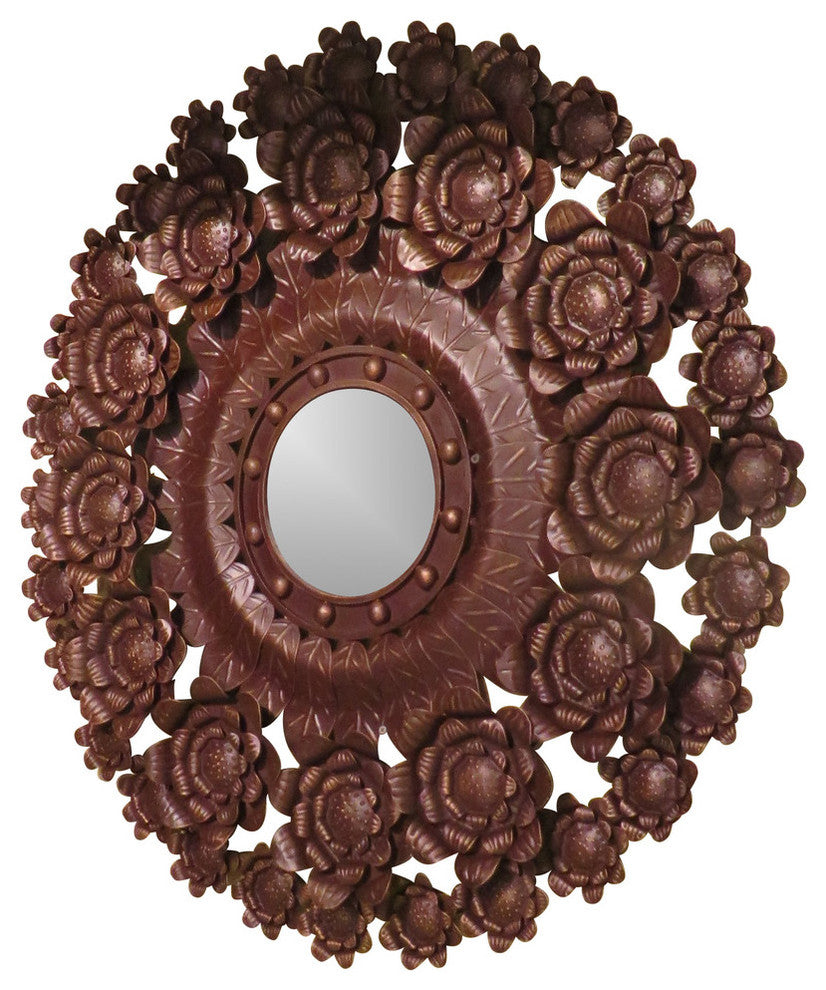 35" Iron Floral Wreath Mirrored Wall Art, Large Metal Indoor Outdoor Garden