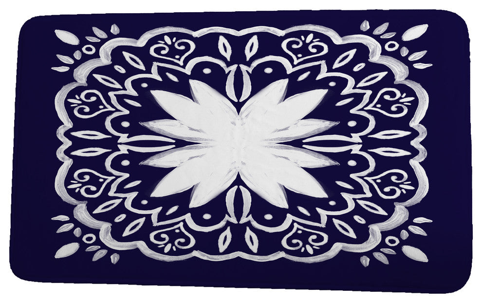 Cuban Flare Cuban Tile 1 Geometric Print Bath Mat, Navy Blue, 21"x34"