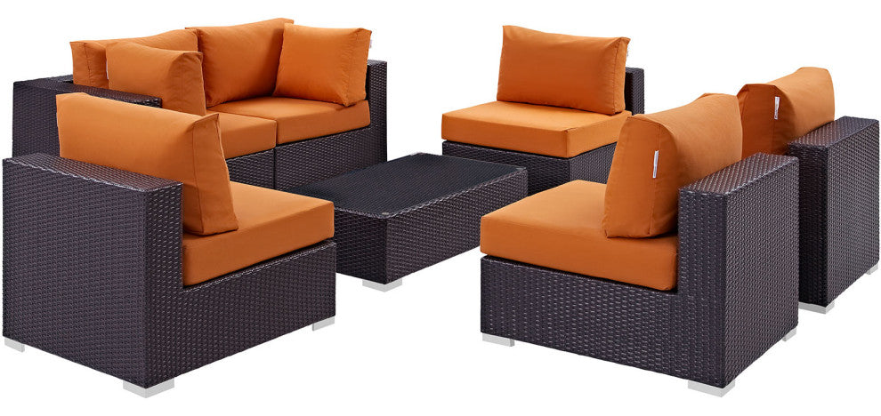 Modway Convene 7 Piece Outdoor Patio Sectional Set, Espresso Orange