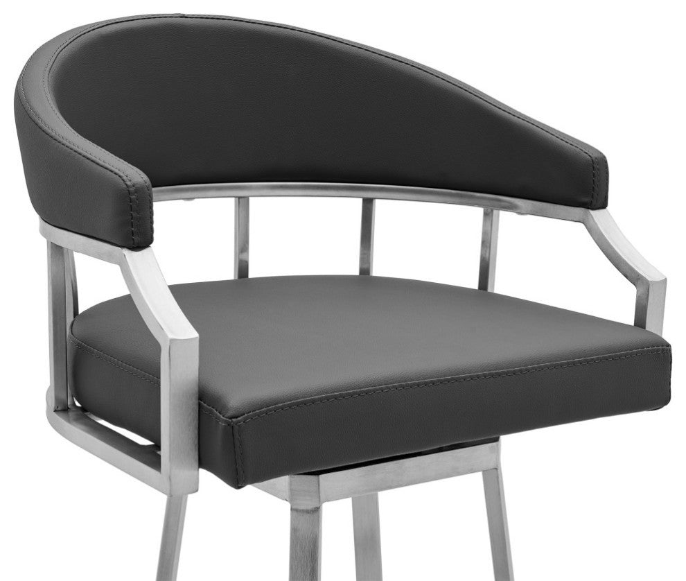 Palmdale Swivel Faux Leather Stool, Gray/Brushed Stainless Steel, 30" Bar Height