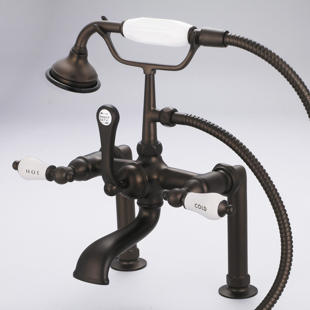 Vintage 7" Spread Deck Mount Tub Faucet w/Risers & Handshower, H&C Lever handles