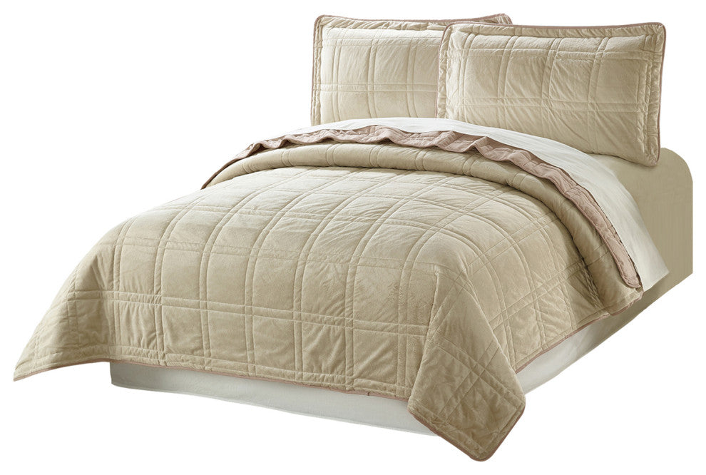 3 Piece Box Quilted Micromink King Bedspread, Oatmeal