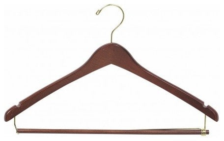 Wooden Curved Suit Hanger With Locking Bar, Walnut/Brass Finish, Box of 100
