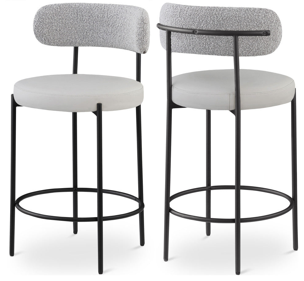 Beacon Upholstered Stool, Set of 2, Taupe, Matte Black Finish, Vegan Leather and Boucle Fabric