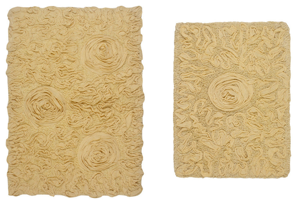 Bell Flower Collection Tufted Bath Rugs, 2 Piece Set, Yellow
