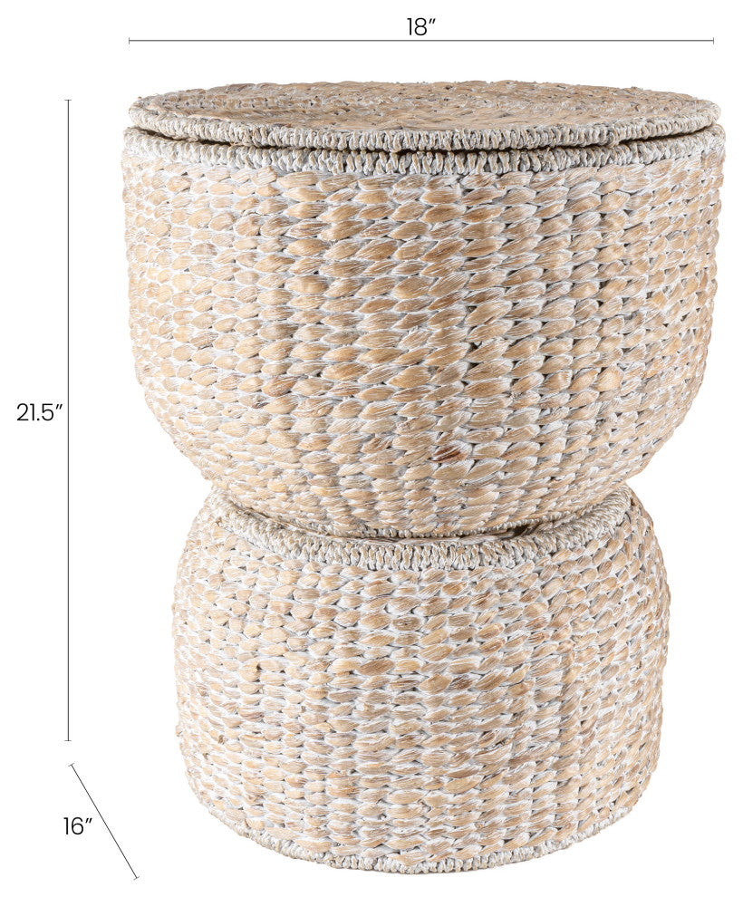 Bhola Hourglass Handwoven Hyacinth Storage Accent Table with Lid, White Wash