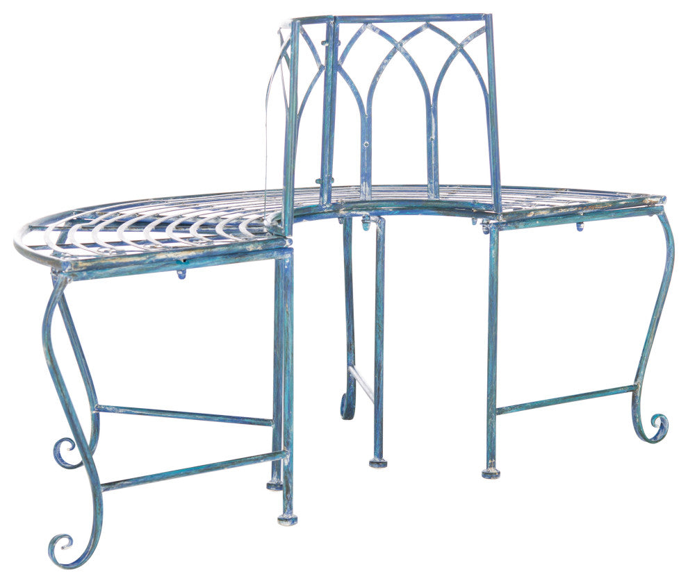 Safavieh Abia Wrought Iron 50"W Outdoor Tree Bench, Antique Blue