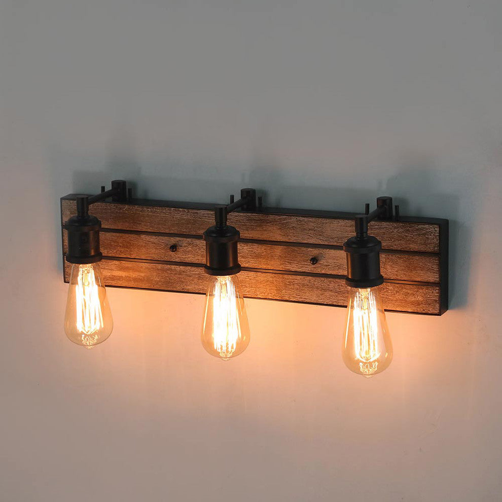LNC 3-Light Industrial Farmhouse Wall Light, Exposed Bulbs, Wood Backplate
