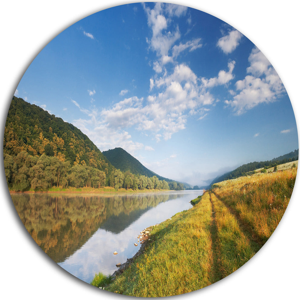 Mountain River Under Blue Sky, Landscape Photo Disc Metal Artwork, 36"