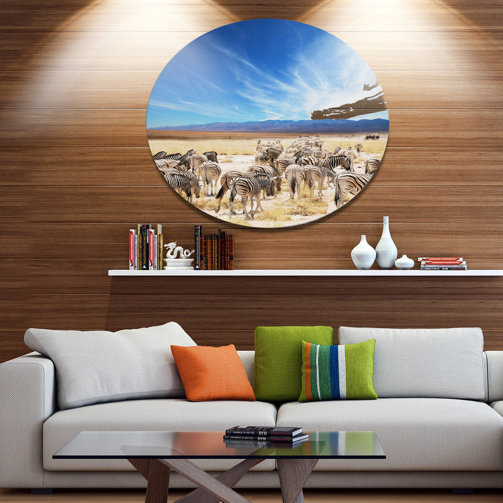 Herd Of Zebras Under Blue Sky, African Round Metal Wall Art, 23"
