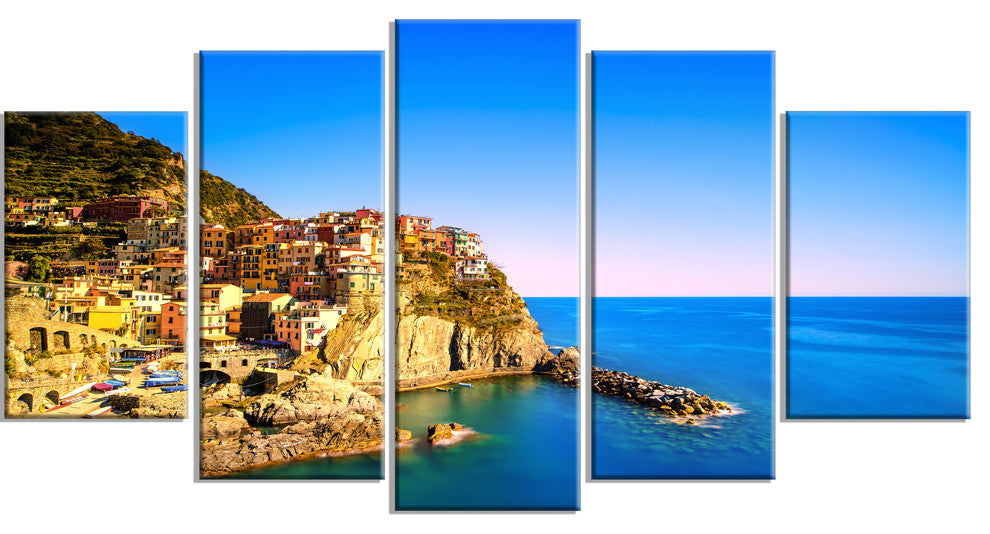 "Manarola Village Seashore Italy" Seashore Wall Art, 5 Panels, 60"x32"