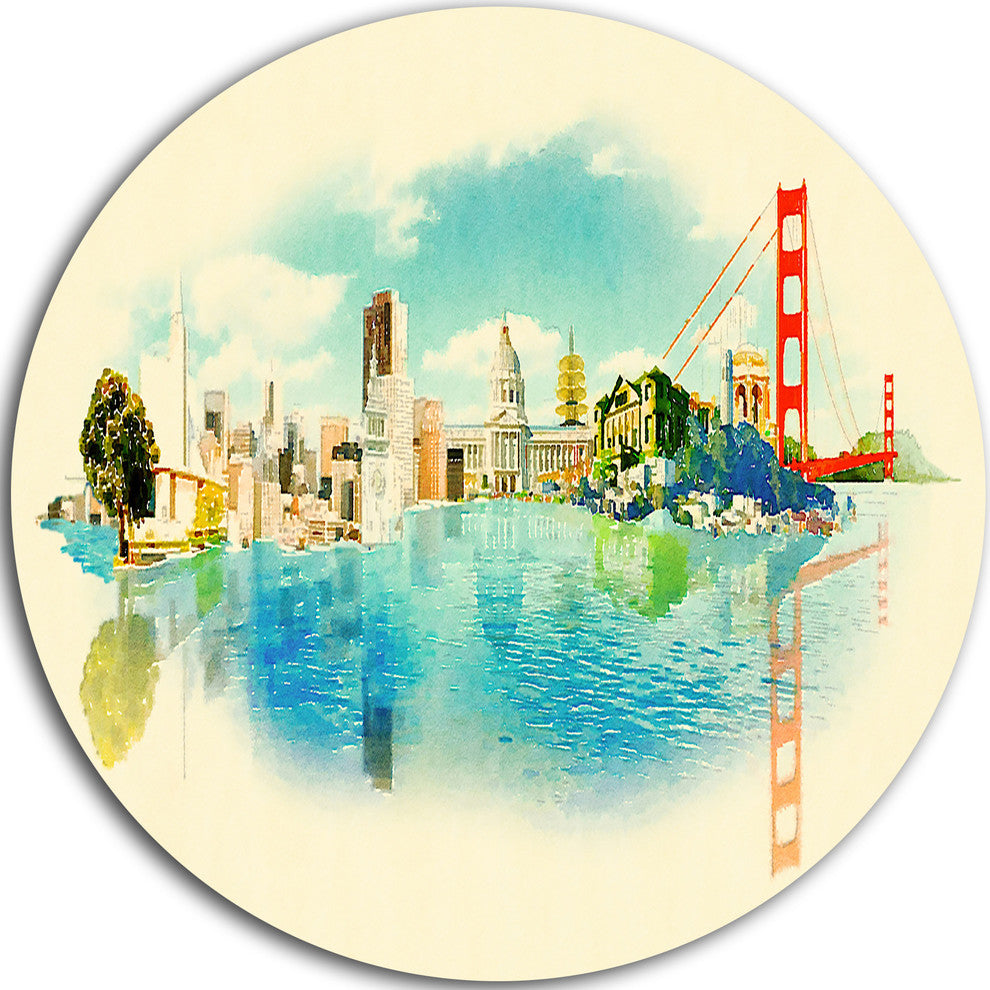 San Francisco Panoramic View, Cityscape Watercolor Round Wall Art, 36"