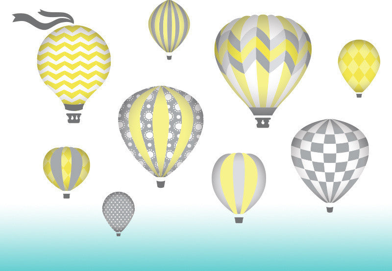 Hot Air Balloons Fabric Wall Decals, Jumbo size in Yellow, Set of 9
