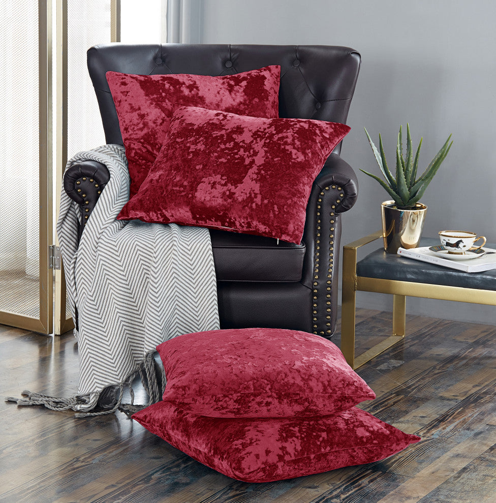 Crushed Velvet Pillow Cover 4 Piece Set, Garnet, 20" X 20"