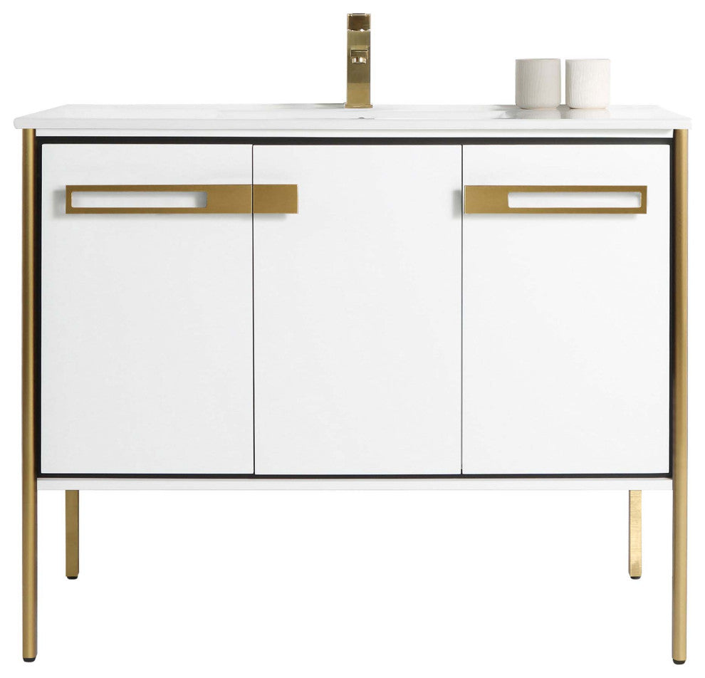 Oakville Bath Vanity, Ceramic Sink, White Matte, 42 Inch, Satin Brass Hardware