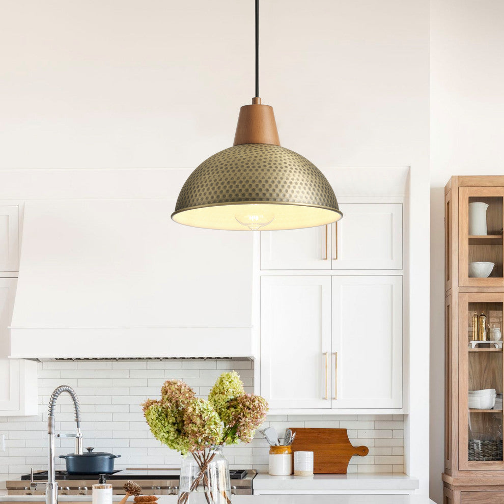 Industrial Farmhouse Pendant Light With Metal Shade and Wood Grain Design, Gold