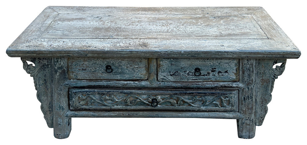 Chinese Vintage Rustic Washed White Blue Low Kang Table Display Stand Hws4343