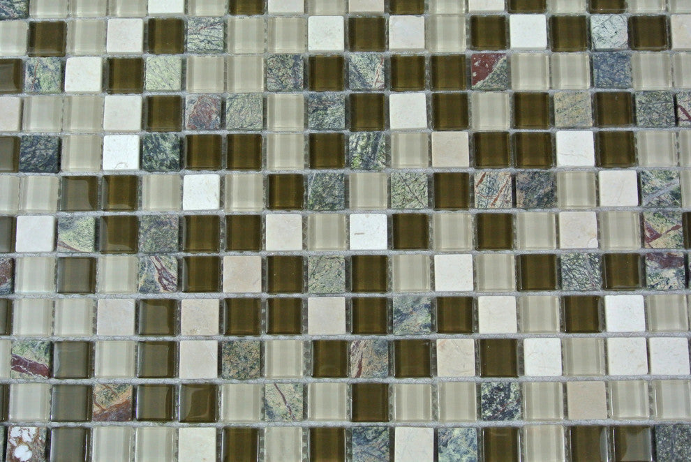 Crystal Stone 12"x12" Glass and Stone Square Mosaic Tile,Forest Walk, Single Sheet