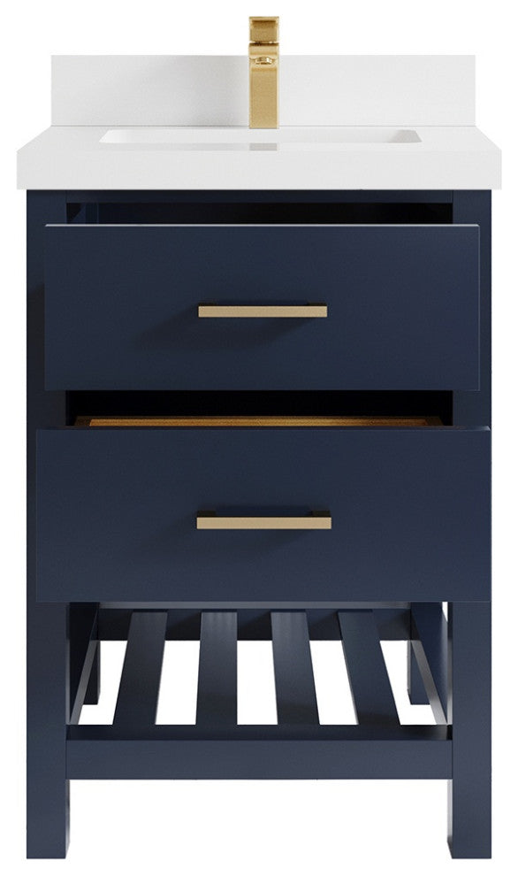 Parker 24" Single Sink Bath Vanity, Navy Blue 2" White Quartz