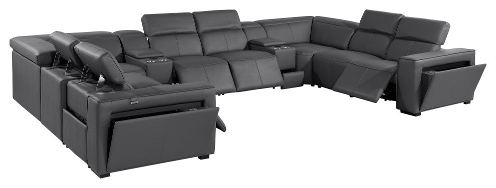 Niccolo Italian Leather 10-Piece U-Shaped 4 Power Reclining Sectional, Dark Gray