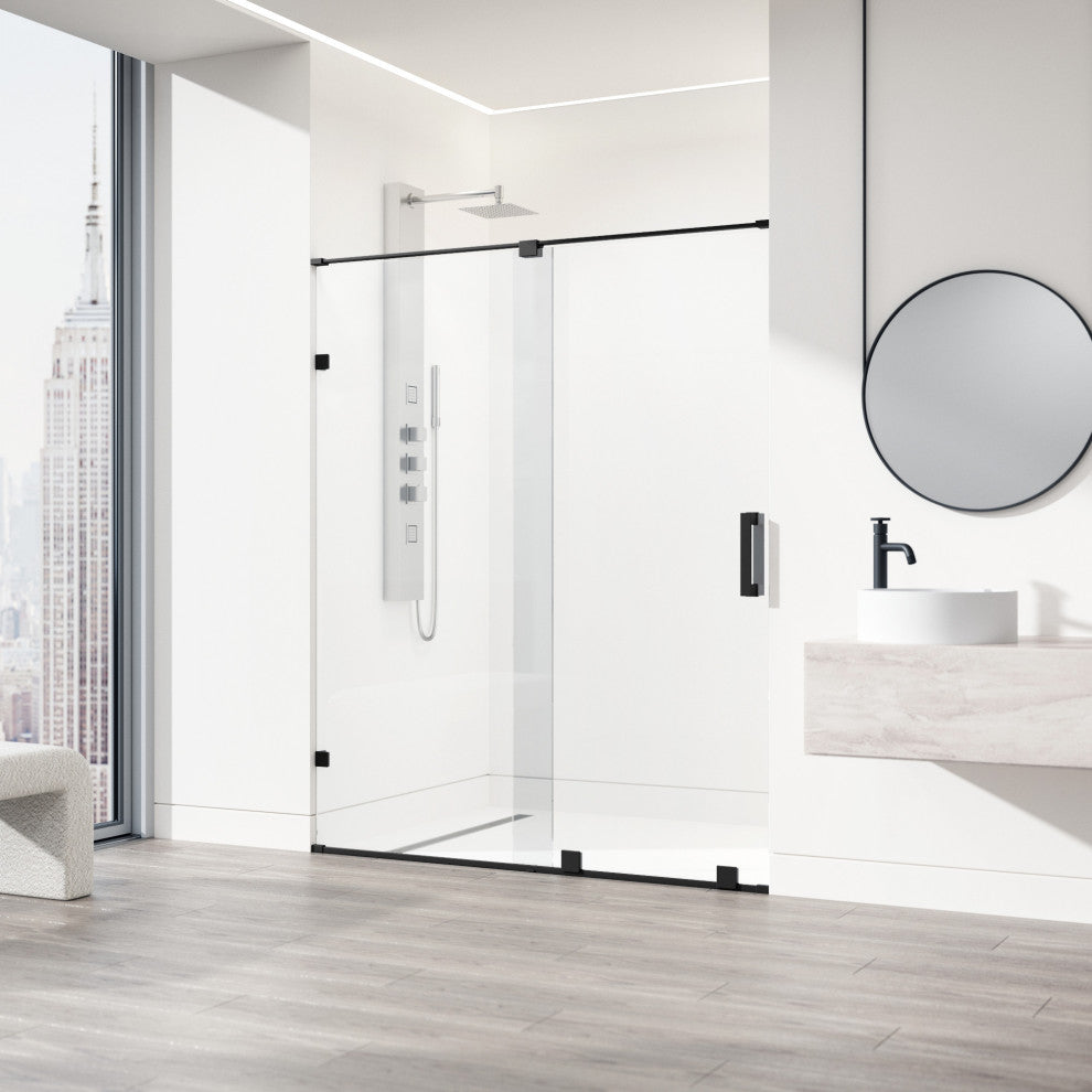 VIGO Ryland 58" to 60" W x 73" H Frameless Track Sliding Shower Door, Matte Black, Clear Glass