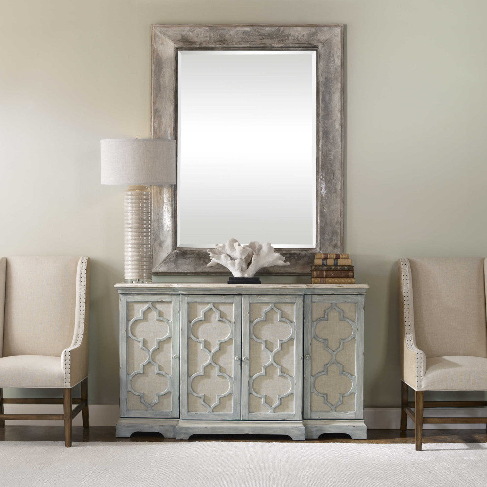 Ivory Gray Quatrefoil 4-Door Cabinet, Entertainment TV Center