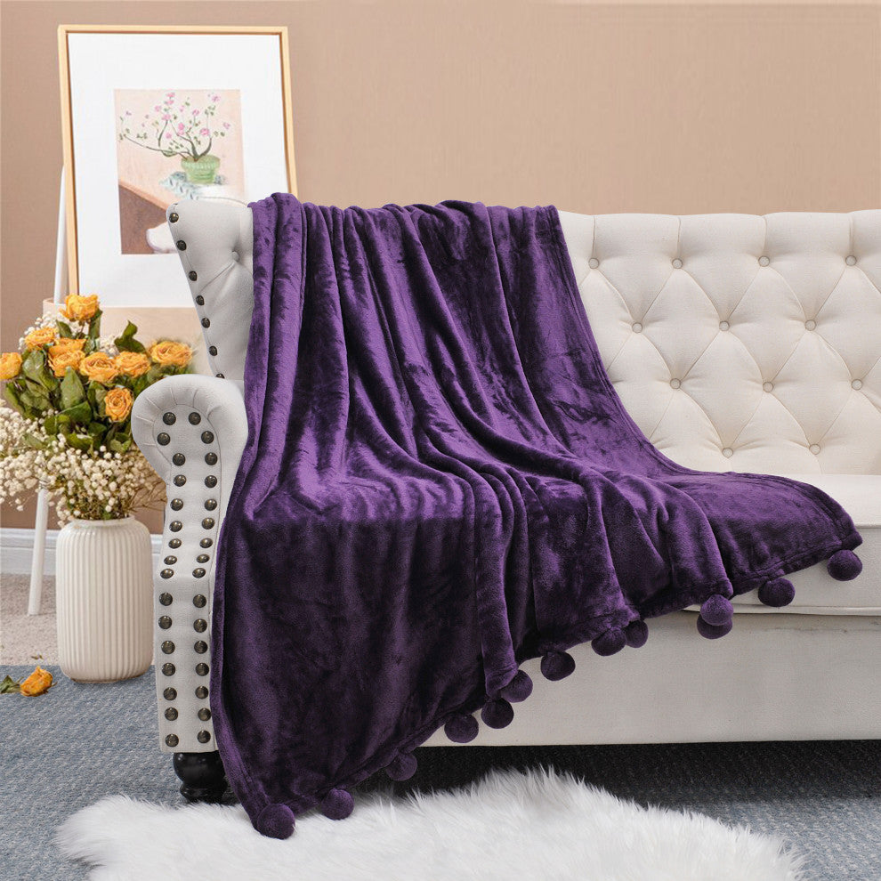 Pom Pom Flannel Fleece Throw Blanket, Blackberry Wine, 50" X 60"