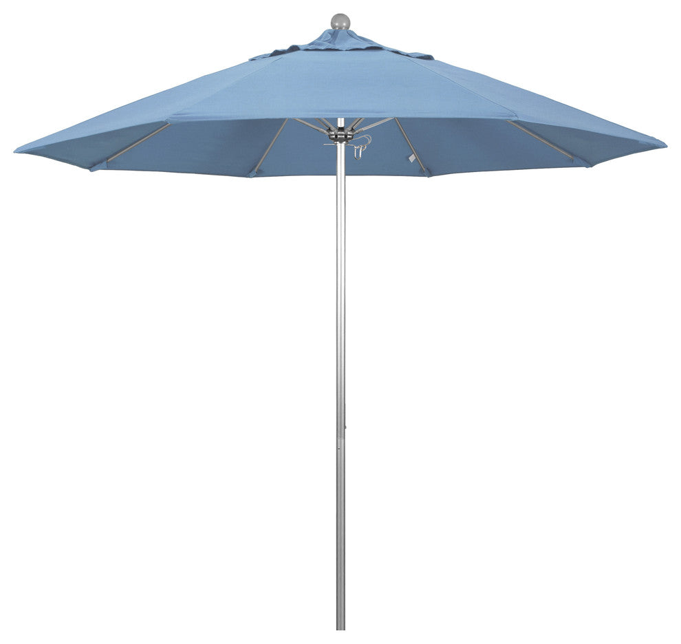 9' Fiberglass Umbrella Pulley Open Silver Anodized, Sunbrella, Air Blue
