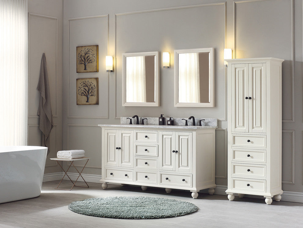 Avanity Thompson 61" Double Vanity, French White Finish, Carrera White Marble Top