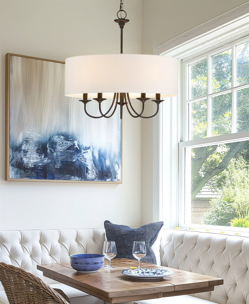 Kira Home Quinn 22" Chandelier, White Linen Drum Shade, Oil-Rubbed Bronze