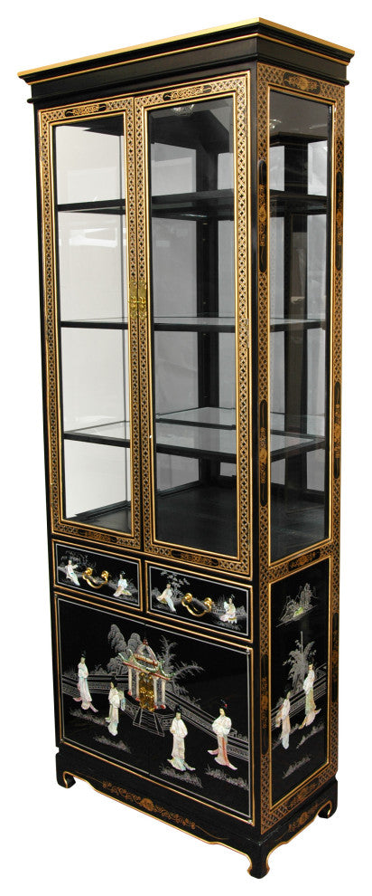 Tall Lacquer Curio Cabinet, Black Mother of Pearl Ladies