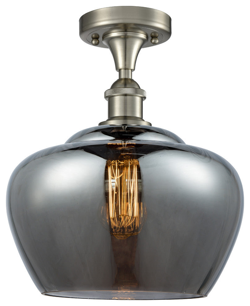 1-Light Fenton 13" Semi-Flush Mount, Satin Nickel, Glass: Plated Smoke