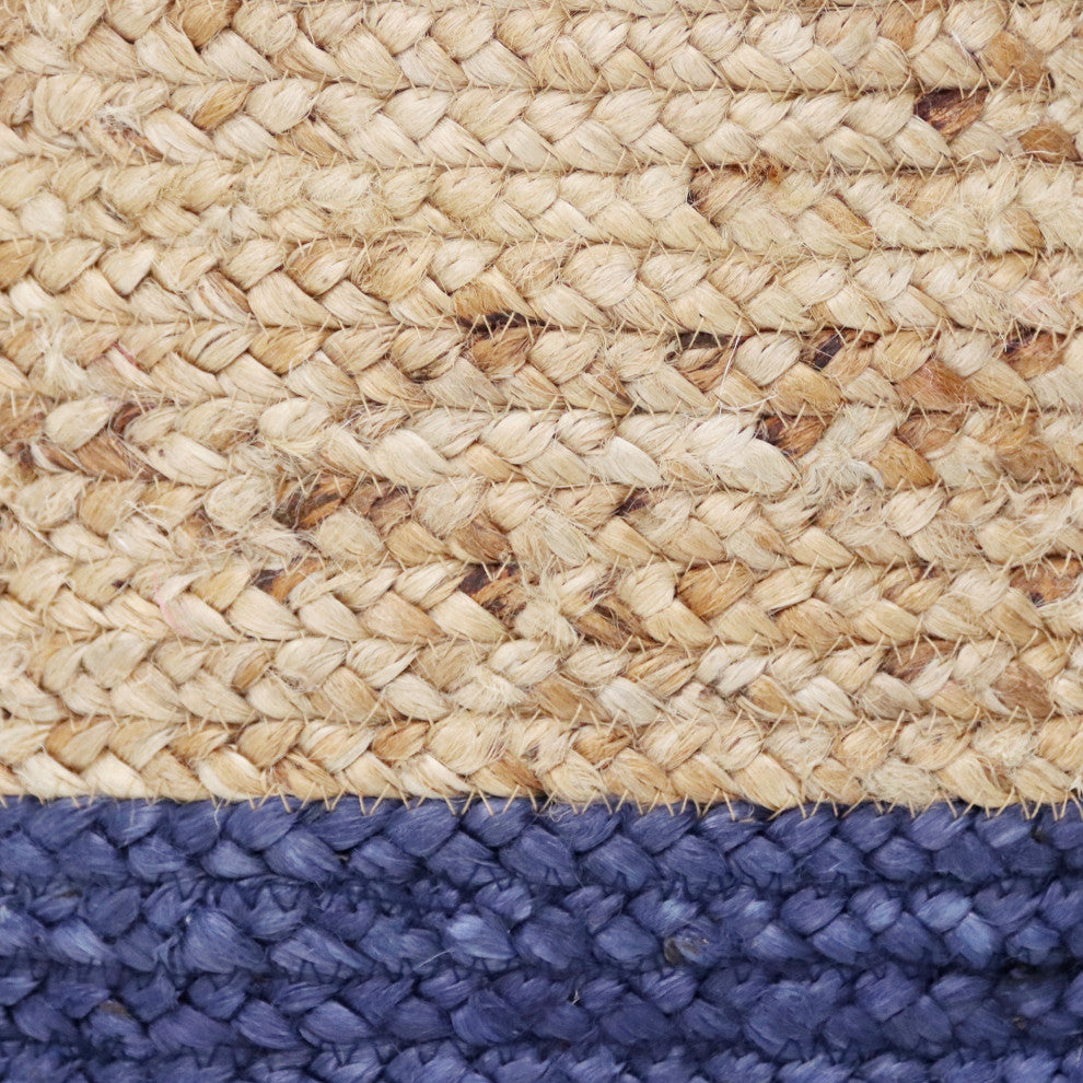 Two-Tone Natural Jute Woven Decorative Basket with Handles, Sapphire Blue, 17"