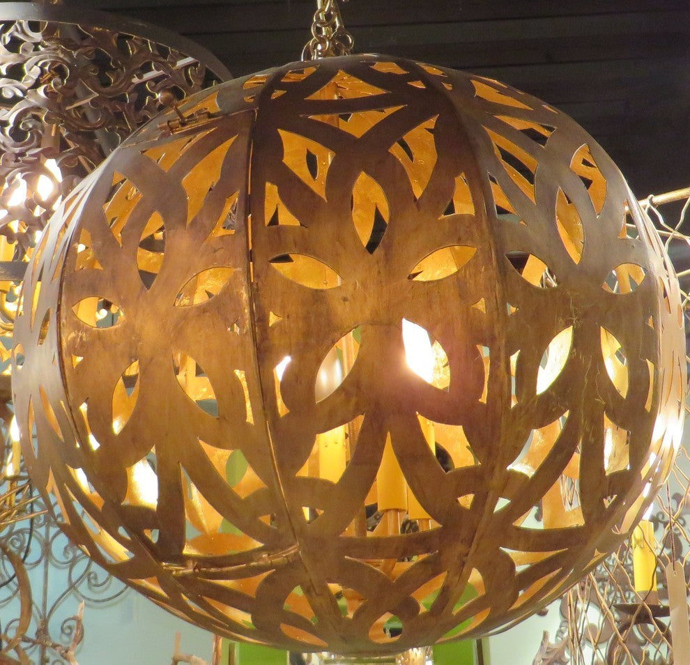 Dark Gold Floral Cutout Pendant Light, Round Globe Sphere Chandelier