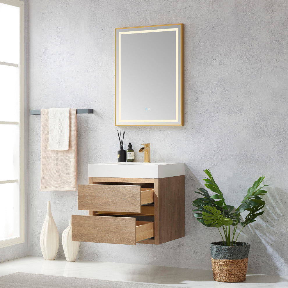 Palencia Floating Bath Vanity With Composite Stone Top, North American Oak, 24", No Mirror
