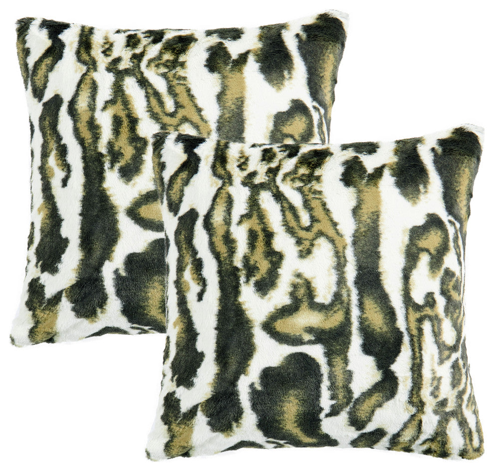 Wild Cat Faux Fur Pillow Shells, Set of 2, Forest Green, 20"x20"