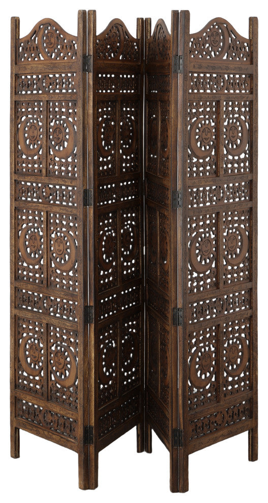 71" 4 Panel Mango Wood Room Divider Hand Carved Sun and Moon Design Brown